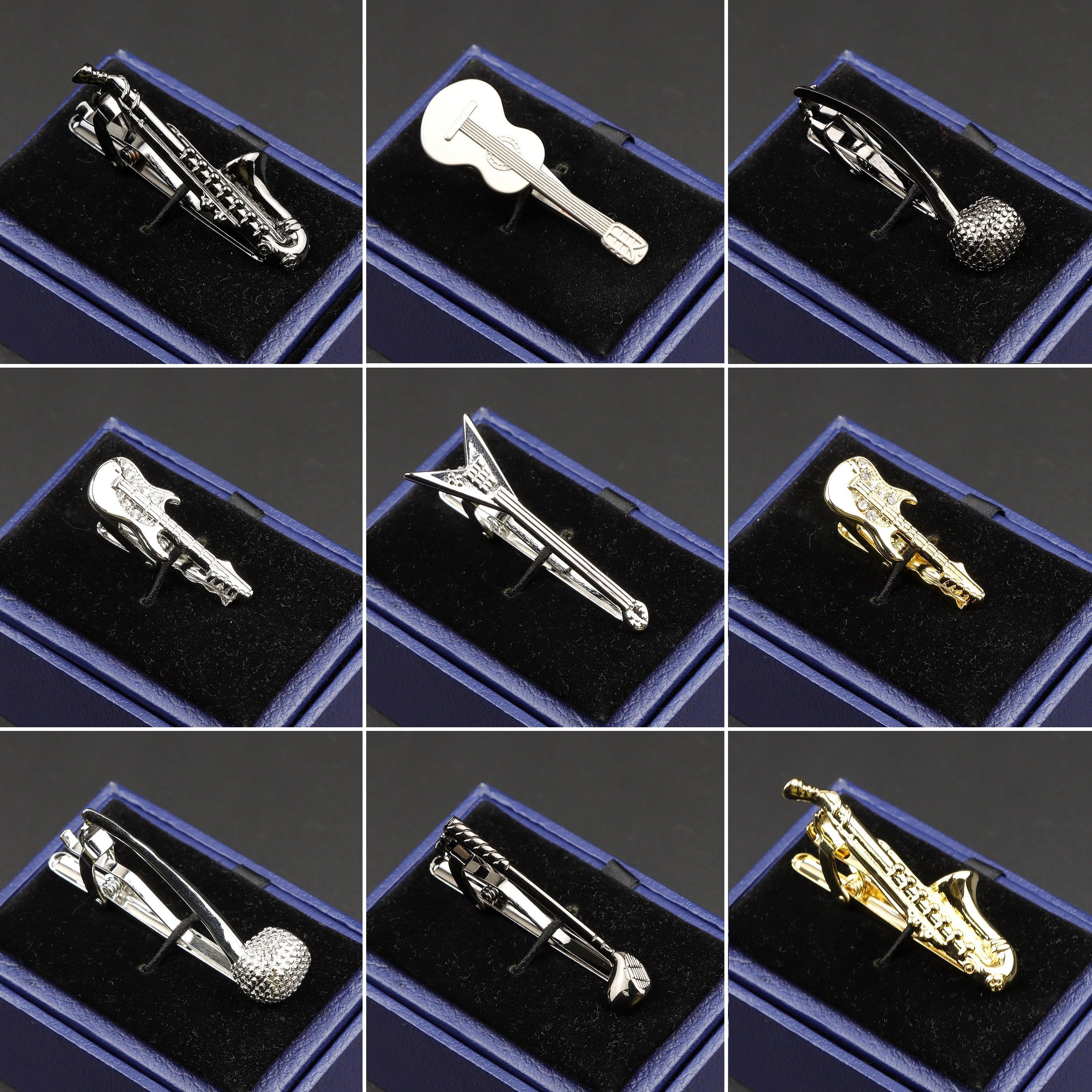 Pince à cravate en métal pour homme, dorée, en forme d'instrument de musique, style barrette simple, pince à cravate de luxe, barrette, motif varié, cadeau de mariage, unique
