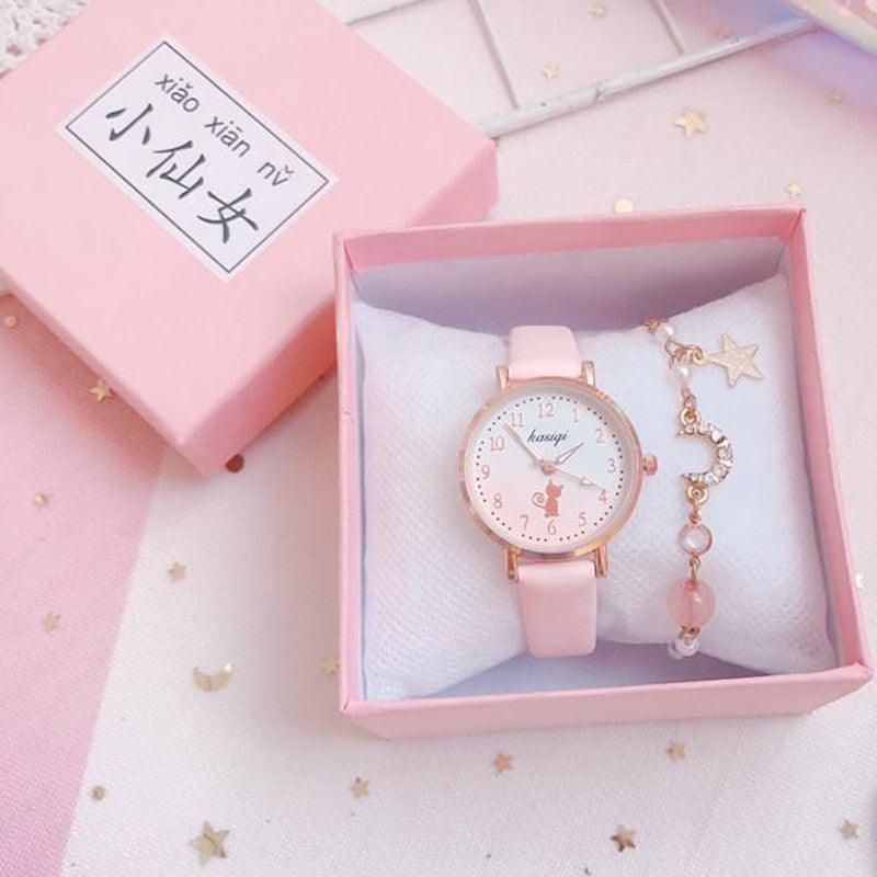 Ensemble Montre Bracelet en Cuir Cadran Chat Mignon Montre Quartz Enfant Montre Couple Coffret Cadeau Saint-Valentin Amoureux Romantiques Montre Homme Femme Bracelet en Cuir