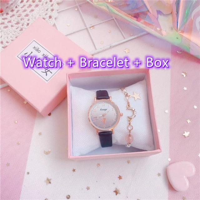 Ensemble Montre Bracelet en Cuir Cadran Chat Mignon Montre Quartz Enfant Montre Couple Coffret Cadeau Saint-Valentin Amoureux Romantiques Montre Homme Femme Bracelet en Cuir