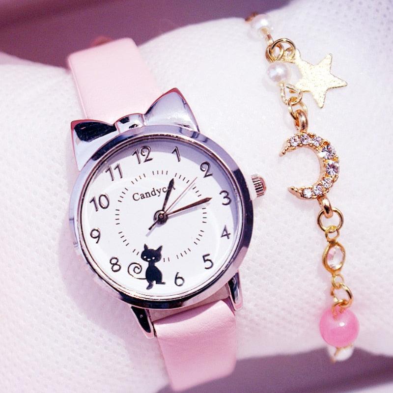 Montre fille étudiante en mode Mignon petit chat Montre Enfants Quartz Unisexe Montres Montres-bracelets Cadran en acier inoxydable Bracelet en cuir Montres à quartz Montres simples et mignonnes pour femmes