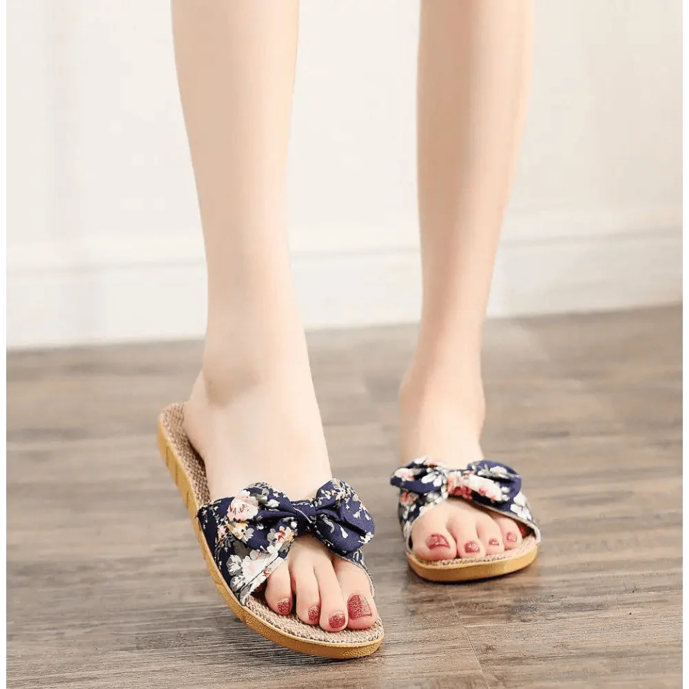 Chaussons de plage pour femme à motif floral avec nœud papillon, sandales plates uniques pour femme, pantoufles d'extérieur et d'intérieur