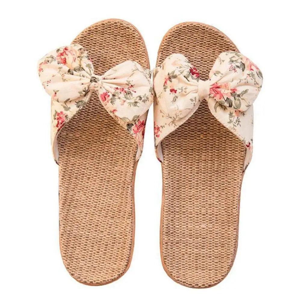Chaussons de plage pour femme à motif floral avec nœud papillon, sandales plates uniques pour femme, pantoufles d'extérieur et d'intérieur
