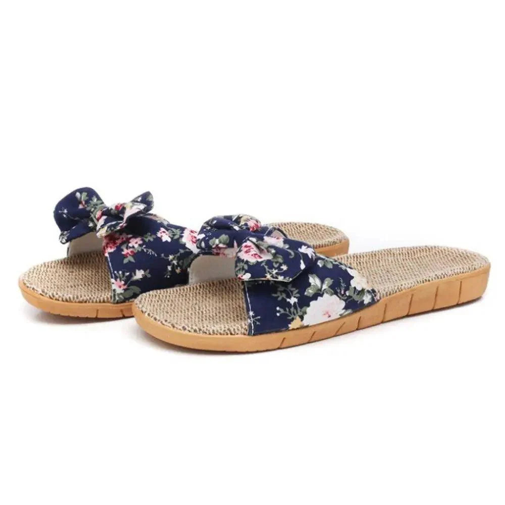 Chaussons de plage pour femme à motif floral avec nœud papillon, sandales plates uniques pour femme, pantoufles d'extérieur et d'intérieur
