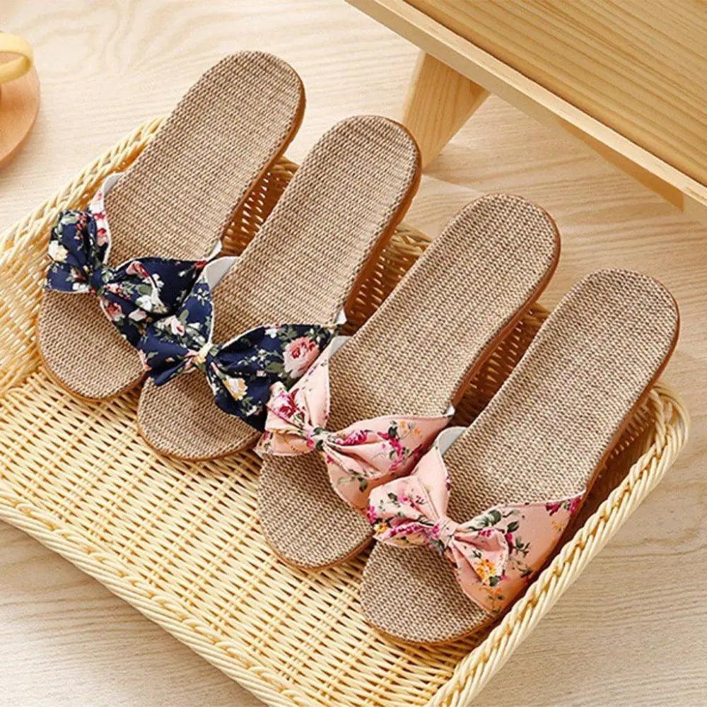 Chaussons de plage pour femme à motif floral avec nœud papillon, sandales plates uniques pour femme, pantoufles d'extérieur et d'intérieur