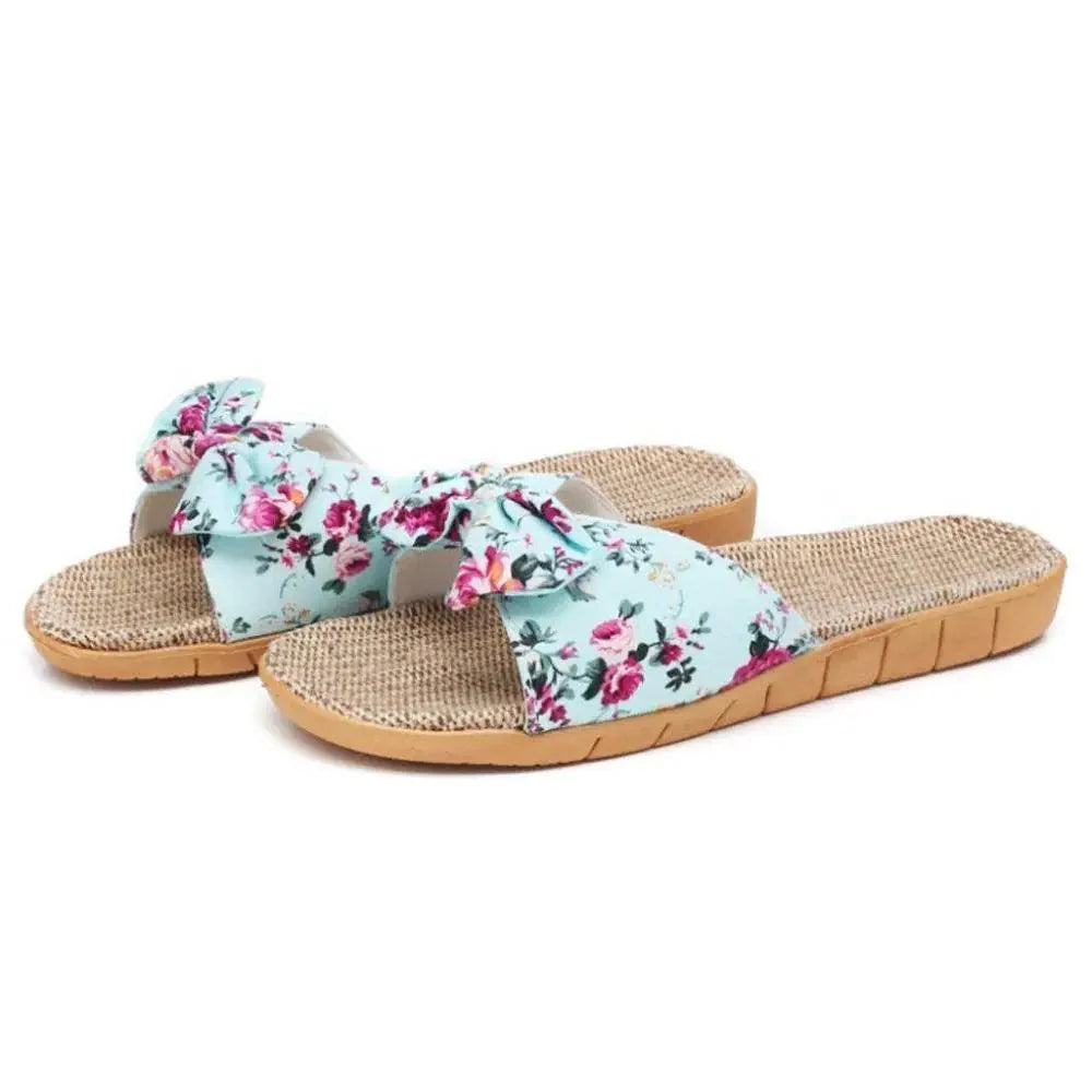 Chaussons de plage pour femme à motif floral avec nœud papillon, sandales plates uniques pour femme, pantoufles d'extérieur et d'intérieur