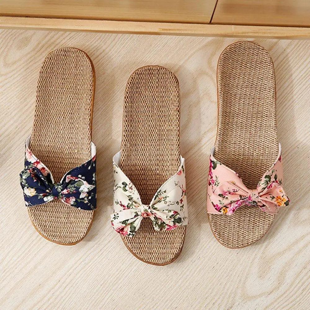 Chaussons de plage pour femme à motif floral avec nœud papillon, sandales plates uniques pour femme, pantoufles d'extérieur et d'intérieur