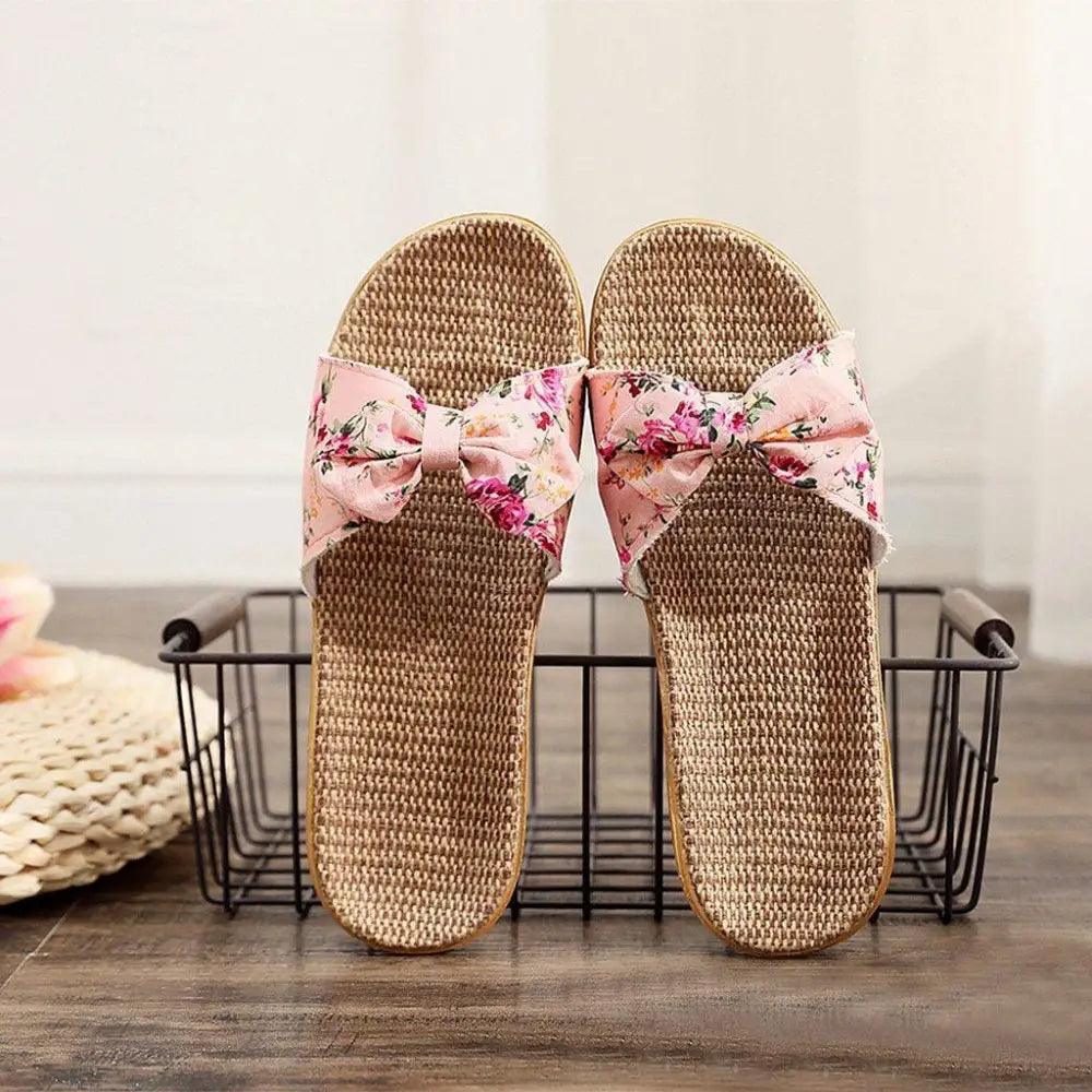 Chaussons de plage pour femme à motif floral avec nœud papillon, sandales plates uniques pour femme, pantoufles d'extérieur et d'intérieur