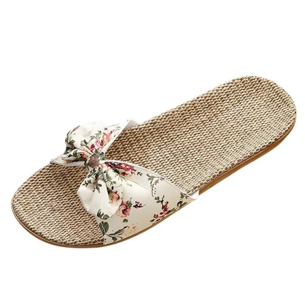Chaussons de plage pour femme à motif floral avec nœud papillon, sandales plates uniques pour femme, pantoufles d'extérieur et d'intérieur
