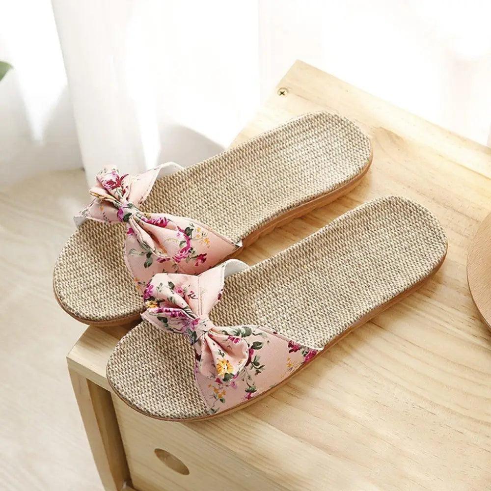 Chaussons de plage pour femme à motif floral avec nœud papillon, sandales plates uniques pour femme, pantoufles d'extérieur et d'intérieur