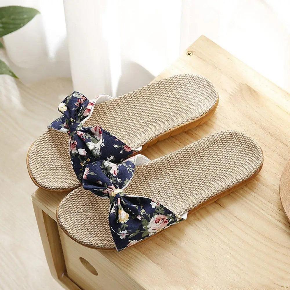 Chaussons de plage pour femme à motif floral avec nœud papillon, sandales plates uniques pour femme, pantoufles d'extérieur et d'intérieur