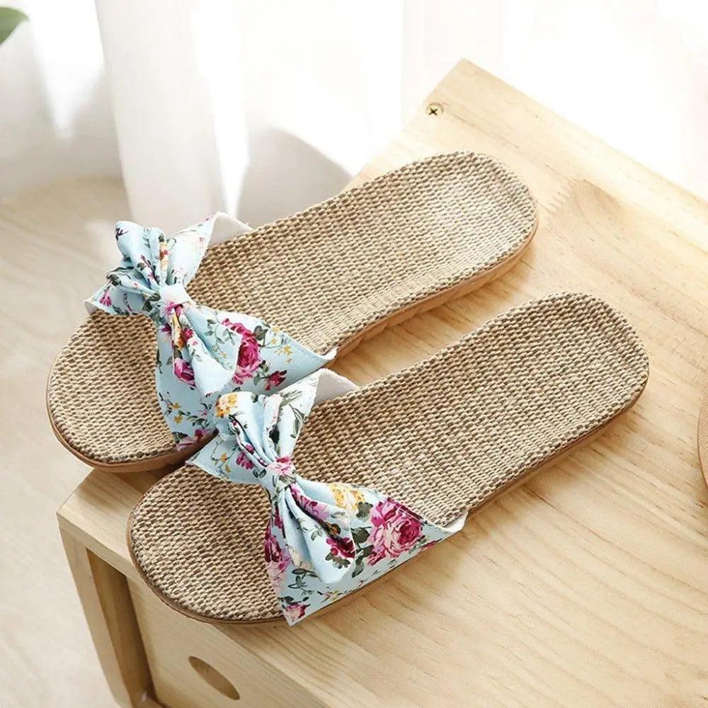 Chaussons de plage pour femme à motif floral avec nœud papillon, sandales plates uniques pour femme, pantoufles d'extérieur et d'intérieur