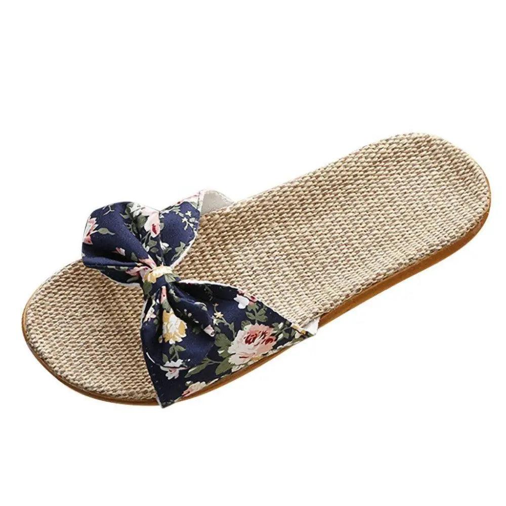 Chaussons de plage pour femme à motif floral avec nœud papillon, sandales plates uniques pour femme, pantoufles d'extérieur et d'intérieur