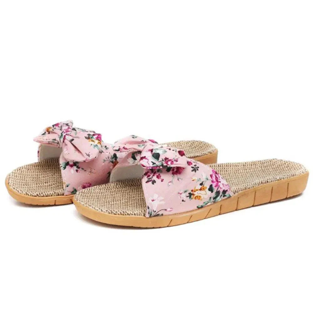 Chaussons de plage pour femme à motif floral avec nœud papillon, sandales plates uniques pour femme, pantoufles d'extérieur et d'intérieur
