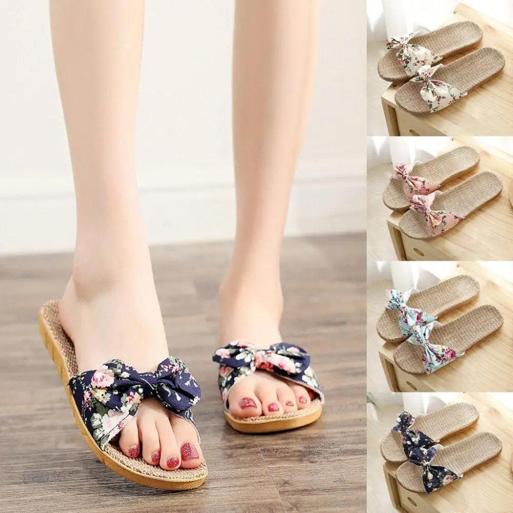 Chaussons de plage pour femme à motif floral avec nœud papillon, sandales plates uniques pour femme, pantoufles d'extérieur et d'intérieur