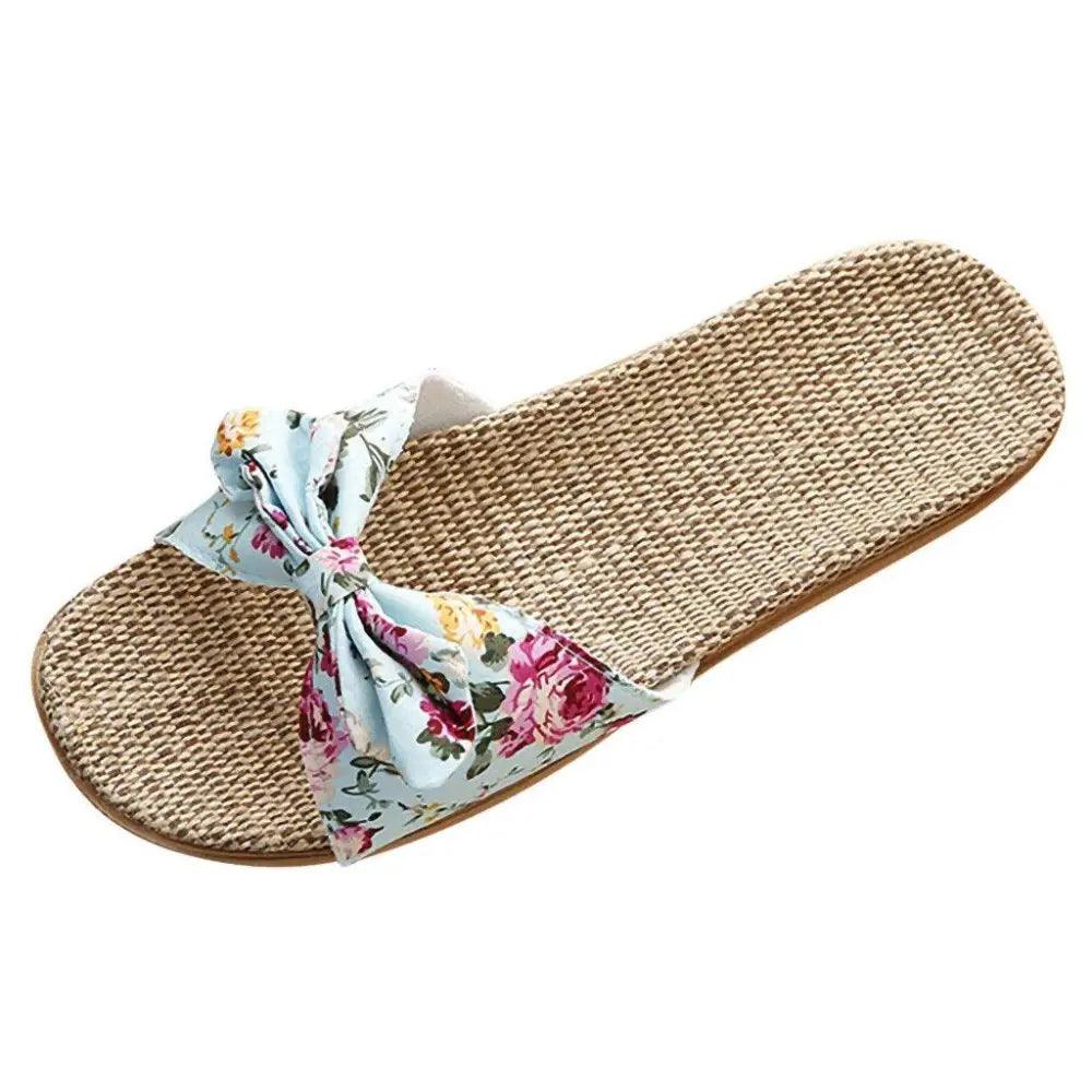 Chaussons de plage pour femme à motif floral avec nœud papillon, sandales plates uniques pour femme, pantoufles d'extérieur et d'intérieur