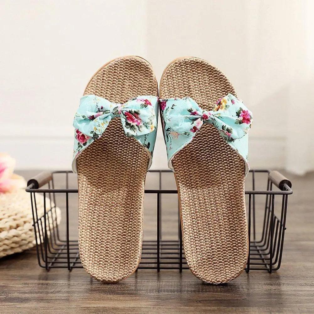 Chaussons de plage pour femme à motif floral avec nœud papillon, sandales plates uniques pour femme, pantoufles d'extérieur et d'intérieur