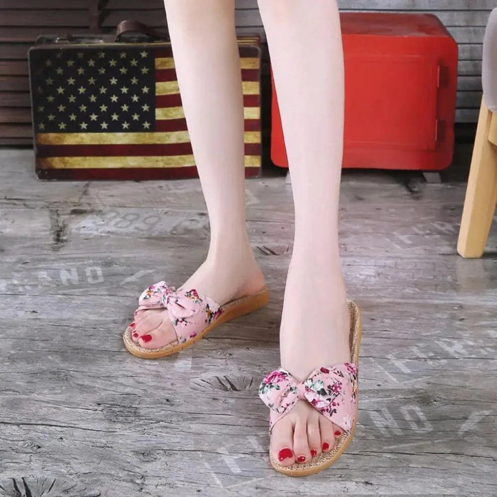 Chaussons de plage pour femme à motif floral avec nœud papillon, sandales plates uniques pour femme, pantoufles d'extérieur et d'intérieur