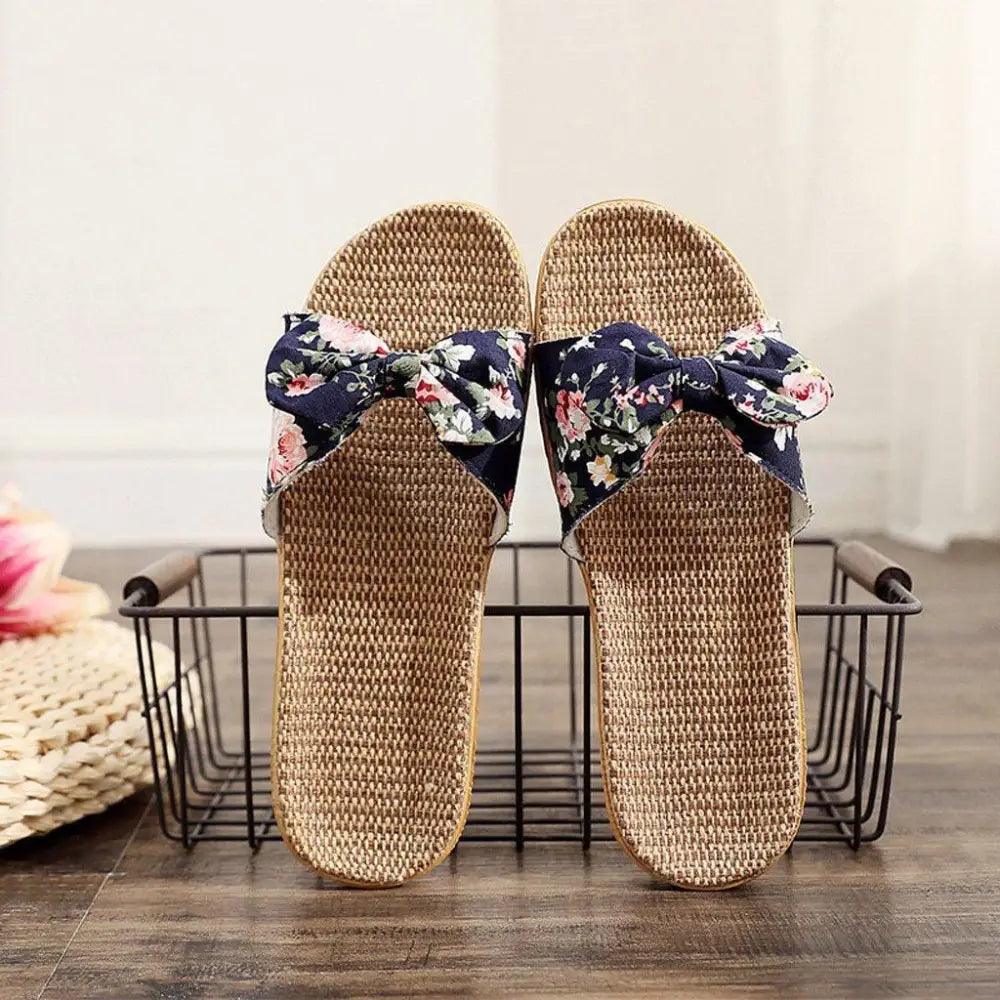 Chaussons de plage pour femme à motif floral avec nœud papillon, sandales plates uniques pour femme, pantoufles d'extérieur et d'intérieur