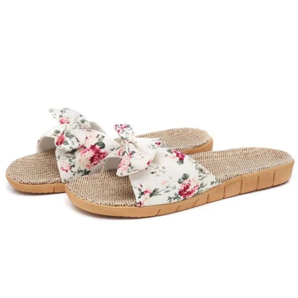 Chaussons de plage pour femme à motif floral avec nœud papillon, sandales plates uniques pour femme, pantoufles d'extérieur et d'intérieur