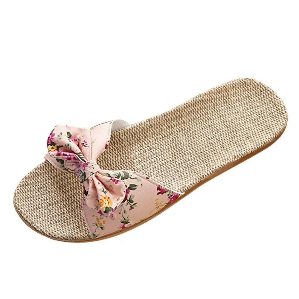 Chaussons de plage pour femme à motif floral avec nœud papillon, sandales plates uniques pour femme, pantoufles d'extérieur et d'intérieur