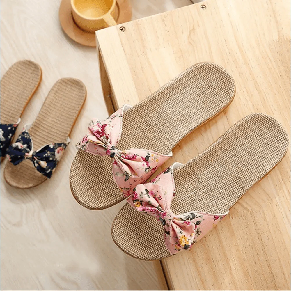 Chaussons de plage pour femme à motif floral avec nœud papillon, sandales plates uniques pour femme, pantoufles d'extérieur et d'intérieur