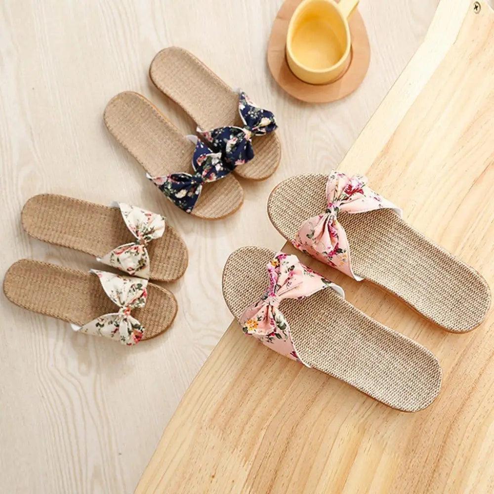 Chaussons de plage pour femme à motif floral avec nœud papillon, sandales plates uniques pour femme, pantoufles d'extérieur et d'intérieur