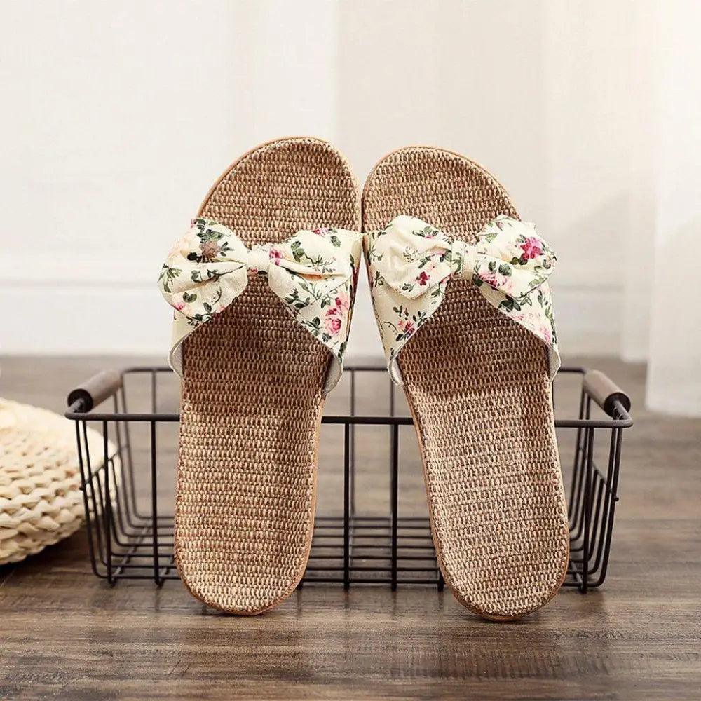 Chaussons de plage pour femme à motif floral avec nœud papillon, sandales plates uniques pour femme, pantoufles d'extérieur et d'intérieur