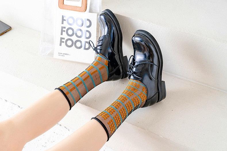 Chaussettes mode femme, nouvelles, printemps-été, fines en maille, longues, imprimées, décontractées, respirantes, à fleurs fraîches, style coréen, couleurs fines pour femme.