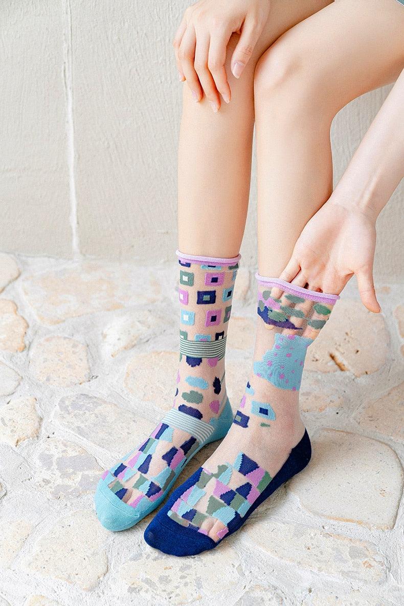 Chaussettes mode femme, nouvelles, printemps-été, fines en maille, longues, imprimées, décontractées, respirantes, à fleurs fraîches, style coréen, couleurs fines pour femme.