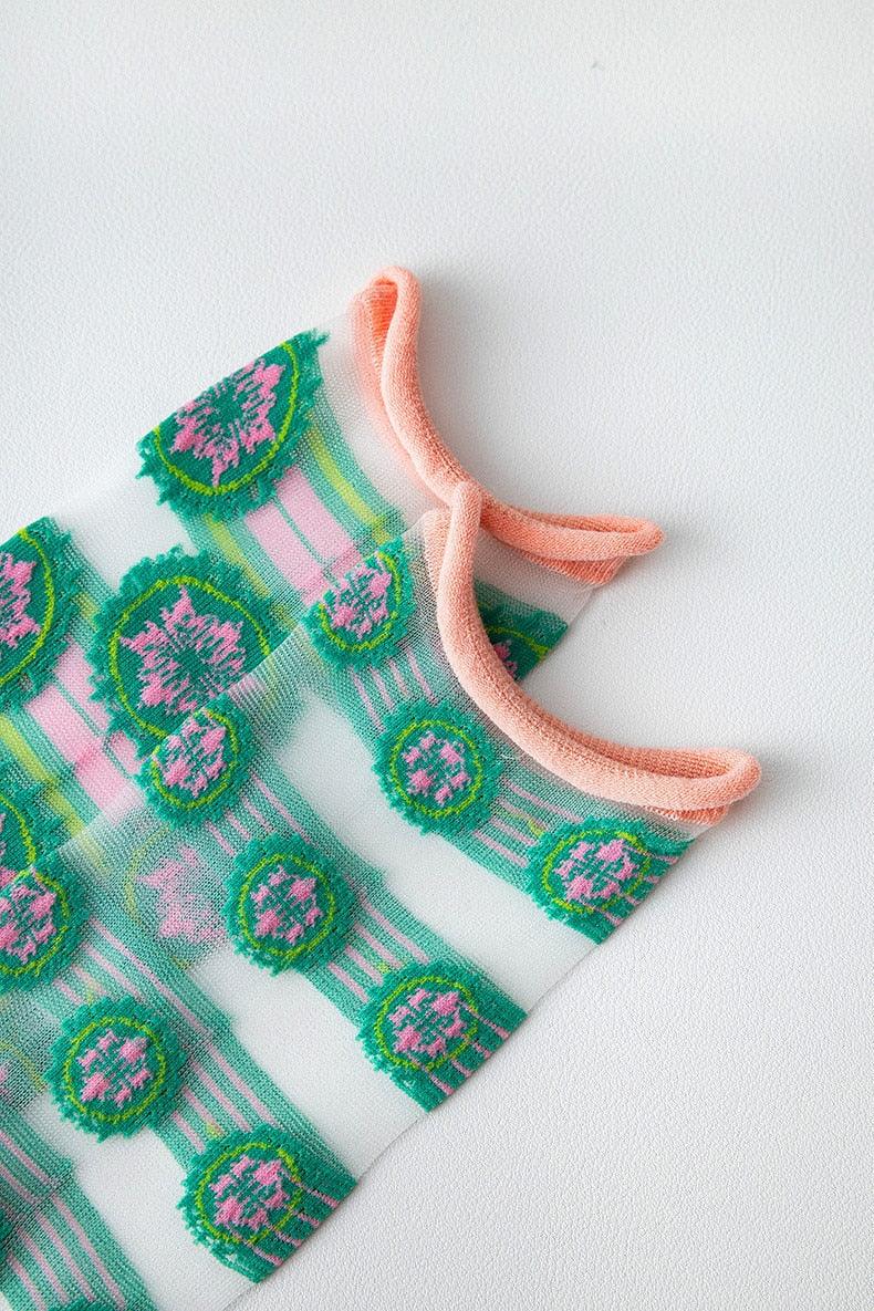 Chaussettes mode femme, nouvelles, printemps-été, fines en maille, longues, imprimées, décontractées, respirantes, à fleurs fraîches, style coréen, couleurs fines pour femme.