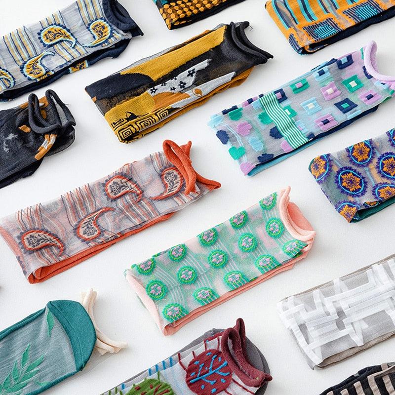 Chaussettes mode femme, nouvelles, printemps-été, fines en maille, longues, imprimées, décontractées, respirantes, à fleurs fraîches, style coréen, couleurs fines pour femme.
