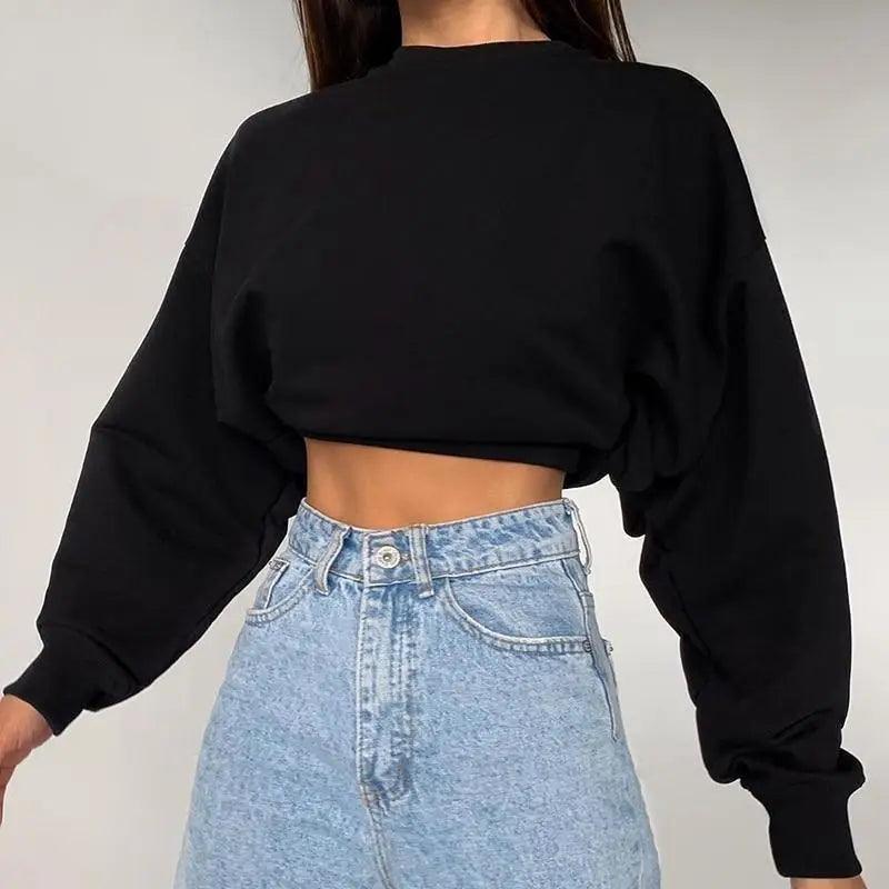 Sweat-shirts amples de couleur unie pour femmes, hauts courts à col rond et manches longues, sweat-shirts unis doux, hauts courts fluo, sweats à capuche pour femmes, sweat-shirt décontracté à capuche court à manches longues.