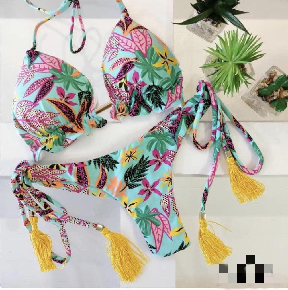 Maillot de bain bikini à la mode pour femme Ensemble de bikini pour femme Nœud Push Up Maillot de bain Confortable Été Maillot de bain string côtelé à nouer pour femme Maillot de bain string à lacets