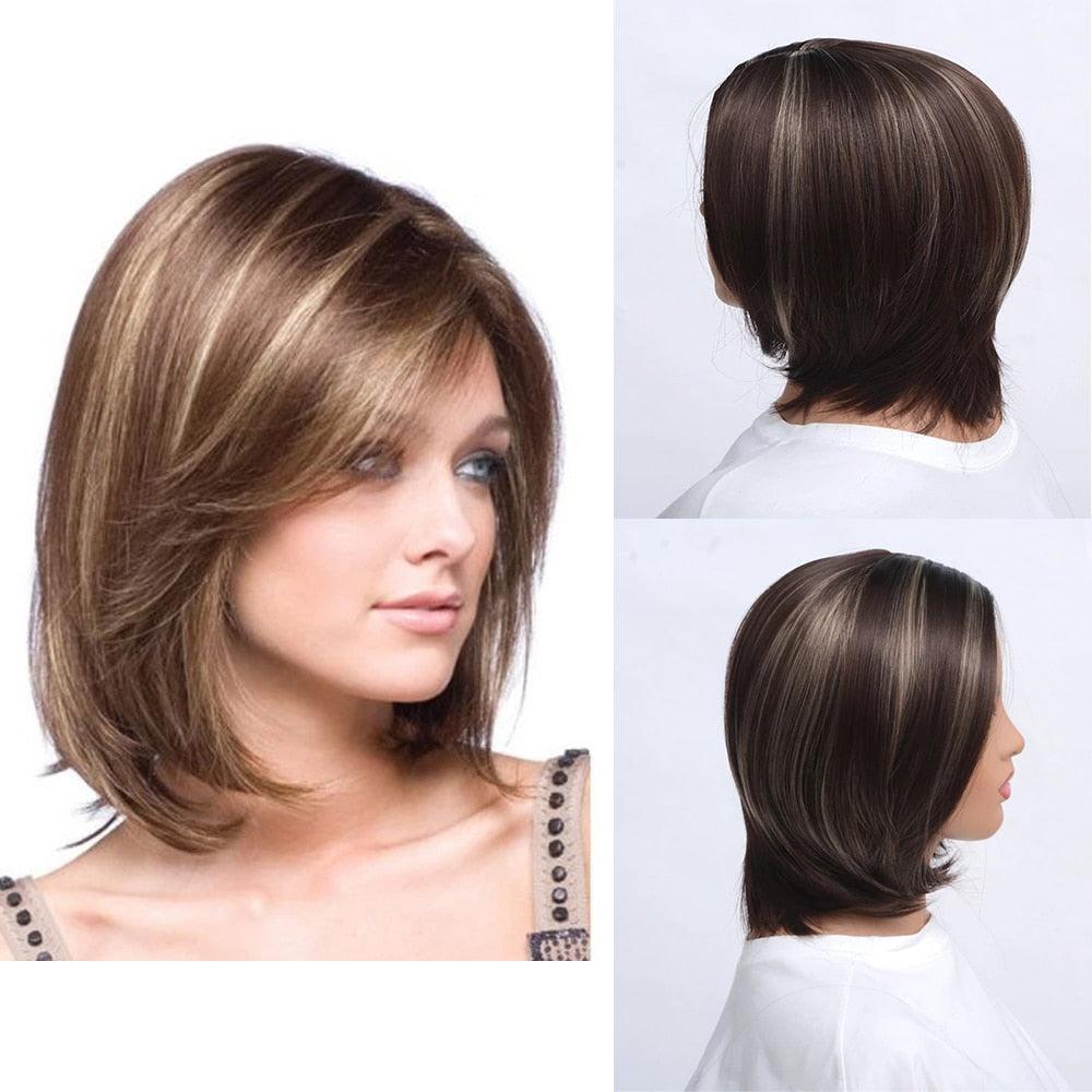 Perruque Synthétique Courte Pixie Cut à Frange Droite, Tendance et À la Mode, Marron Mélangé, Naturelle et Complète pour Femmes Noires, Cadeaux pour Amies