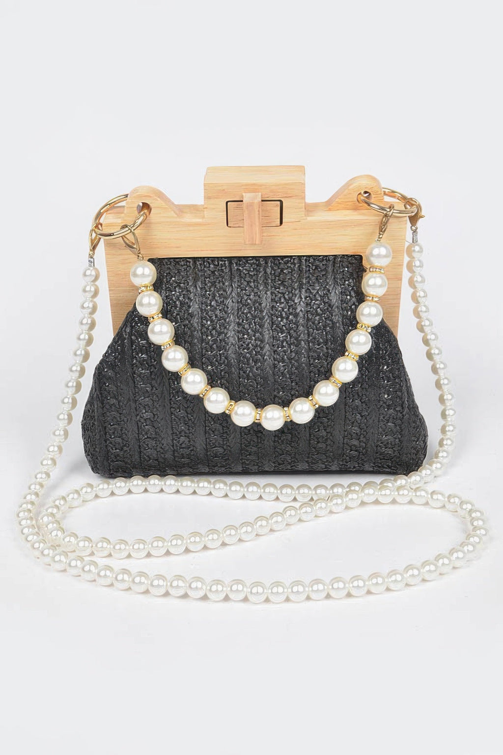 Pochette en similicuir paille et bois avec chaîne en fausses perles