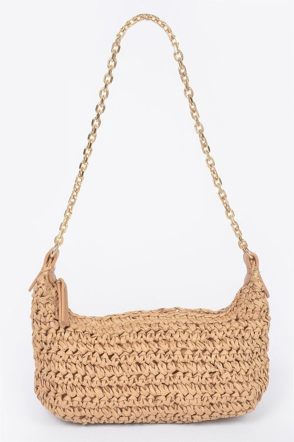 Pochette à bandoulière zippée en fausse paille avec chaîne