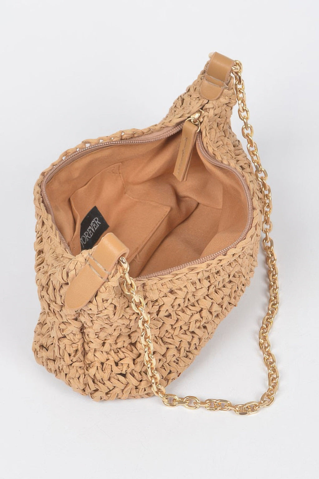 Pochette à bandoulière zippée en fausse paille avec chaîne