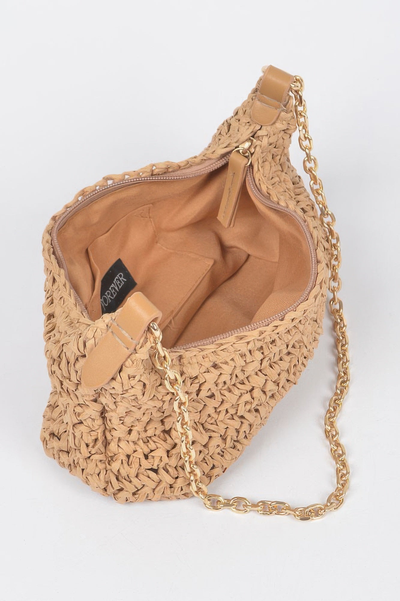Pochette à bandoulière zippée en fausse paille avec chaîne
