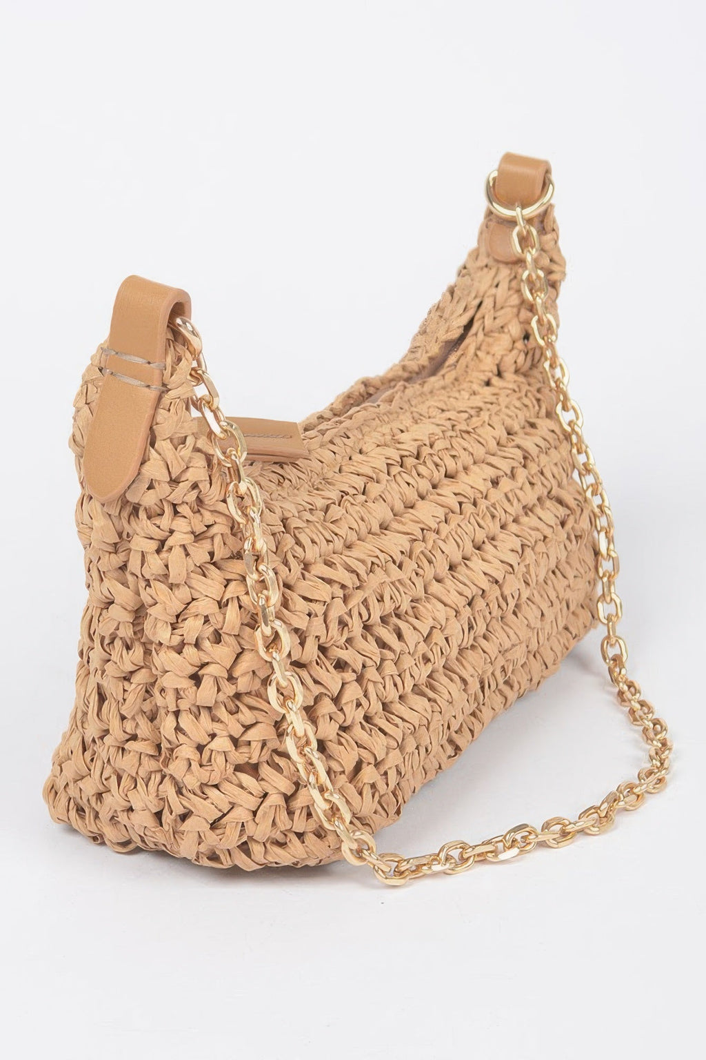 Pochette à bandoulière zippée en fausse paille avec chaîne