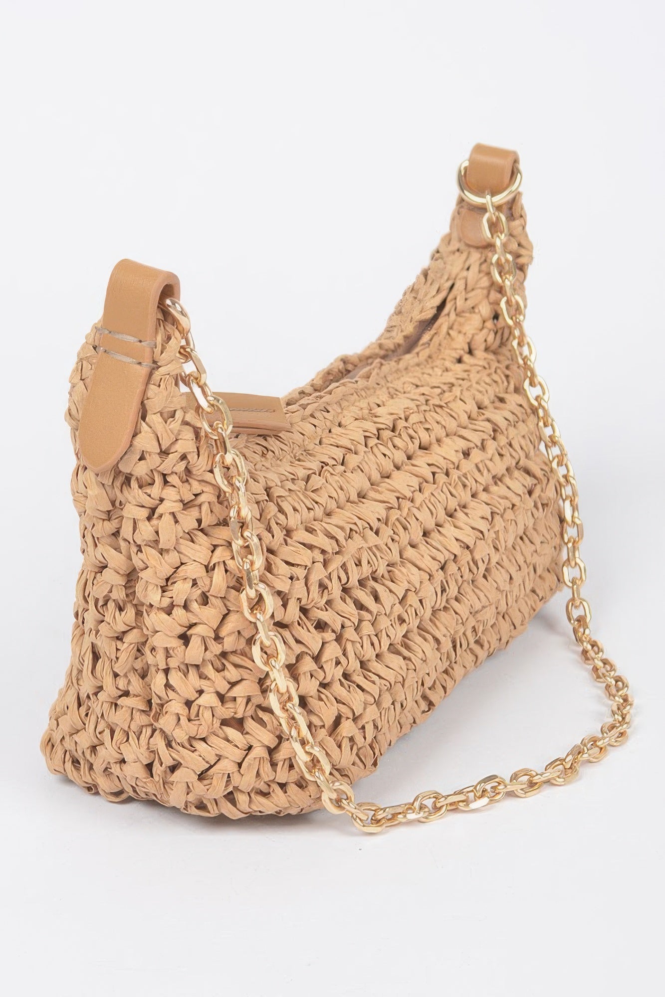 Pochette à bandoulière zippée en fausse paille avec chaîne