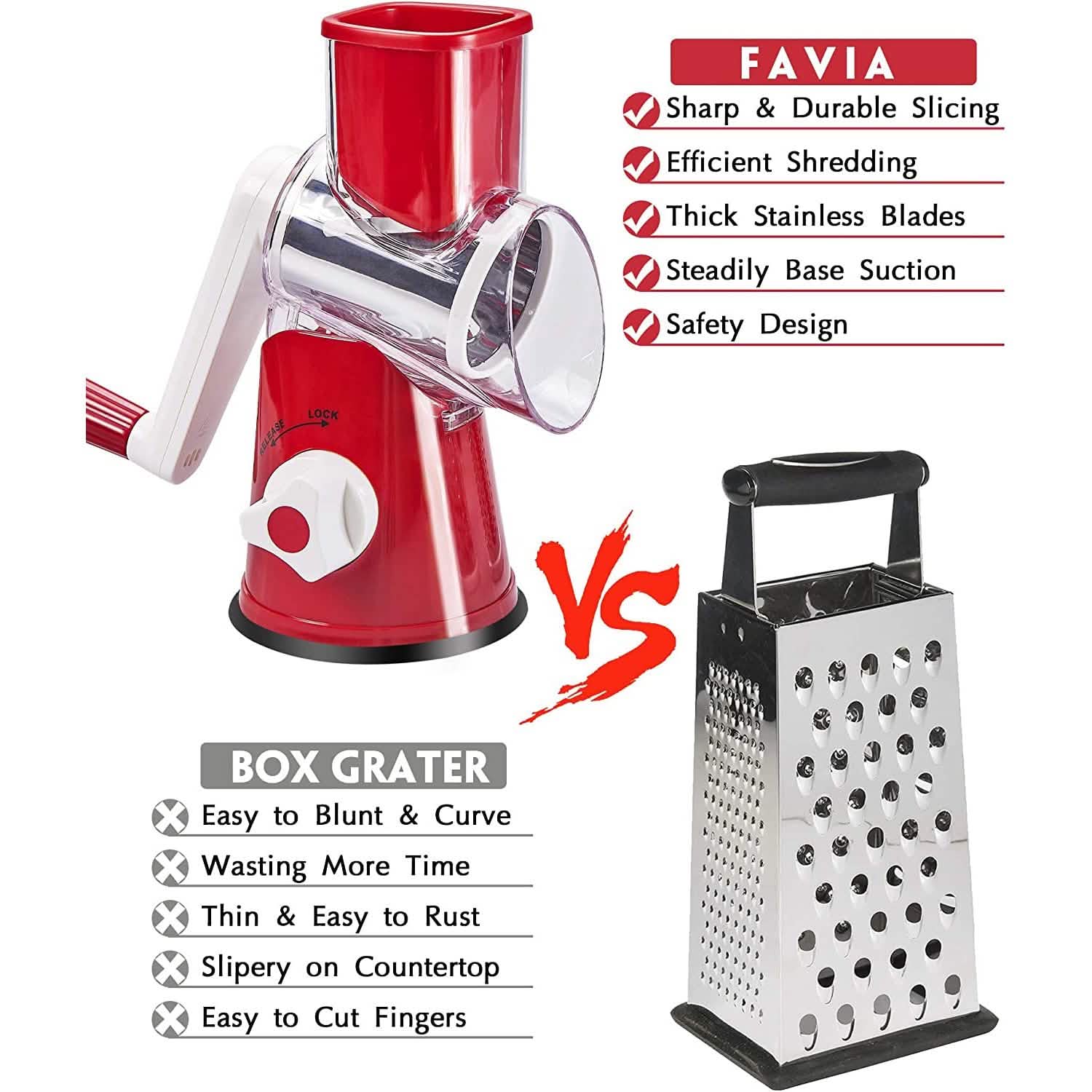 Râpe à fromage rotative FAVIA avec poignée - Râpe à aliments avec 3 lames cylindriques en acier inoxydable