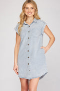 Robe chemise boutonnée à manches repliées de couleur bleu-gris, taille standard et grande taille, décontractée et simple pour femme