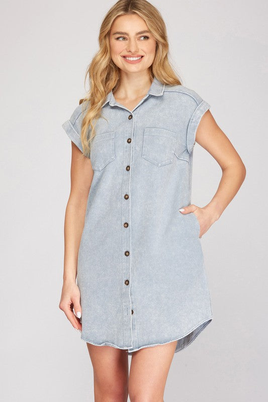 Robe chemise boutonnée à manches repliées de couleur bleu-gris, taille standard et grande taille, décontractée et simple pour femme