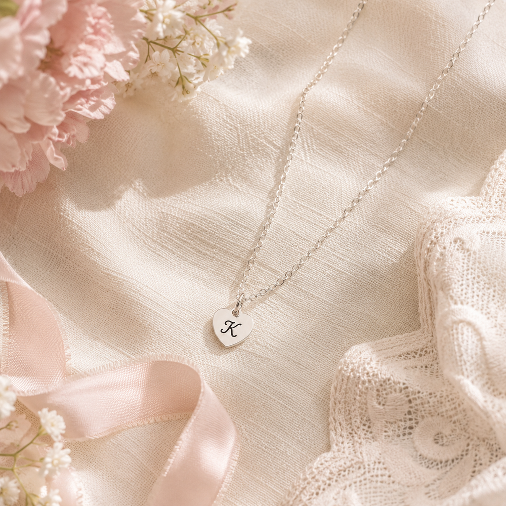 Collier en argent sterling personnalisé pour petite fille d'honneur avec pendentif cœur et fleur