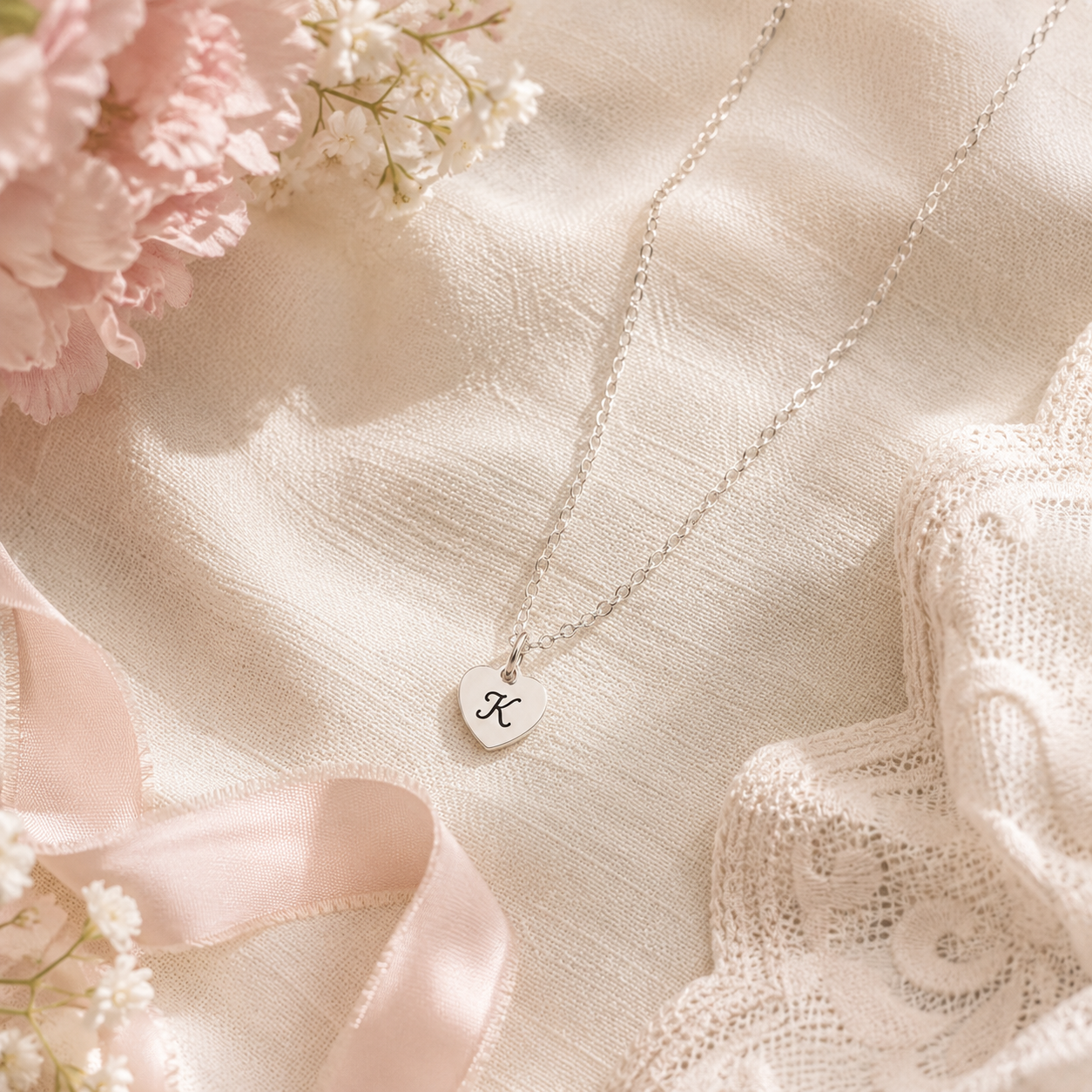 Collier en argent sterling personnalisé pour petite fille d'honneur avec pendentif cœur et fleur