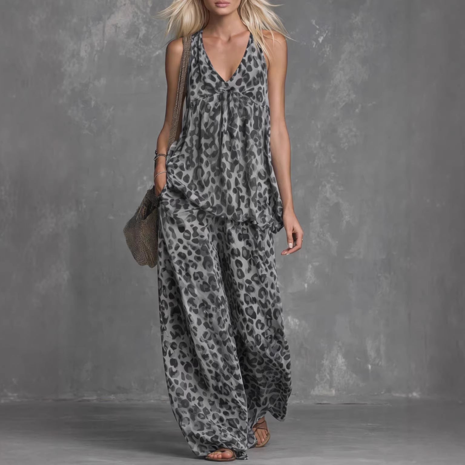 Ensemble Femme Top sans Manches Imprimé Léopard et Pantalon en Mousseline