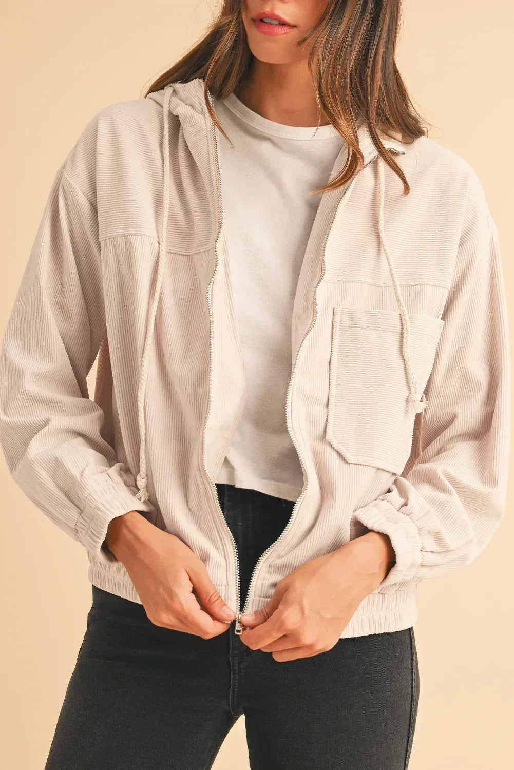 Veste à capuche zippée en velours côtelé bleu sarcelle véritable – Femstylo