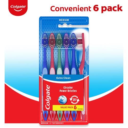 Brosse à dents Colgate Extra Clean, lot de brosses à dents à poils moyens, brosses à dents pour adultes à poils moyens avec manche ergonomique et brins circulaires, aide à éliminer les taches de surface, paquet de 6