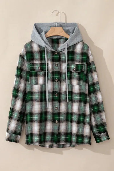 Veste à Capuche Plaid Vert Foncé avec Cordon de Serrage et Poches – Confortable et Tendance, Vêtement d'Extérieur à Carreaux Pour Toutes Saisons