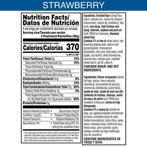 Pop-Tarts Pâtisseries à toaster, aliments pour le petit-déjeuner, goûters pour enfants, fraise non glacée, boîte de 382g (8 Pop-Tarts)